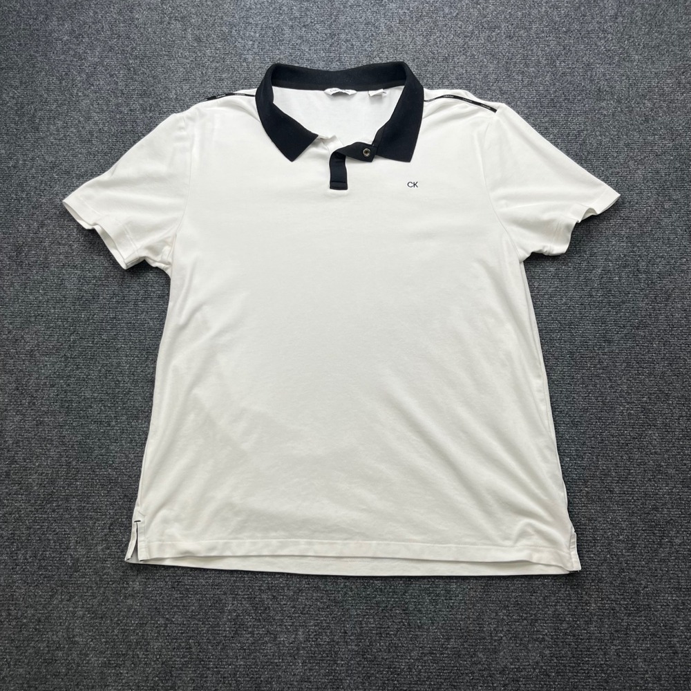 Calvin Klein Short Sleeve Pique Snap Button White Black Polo Shirt‎